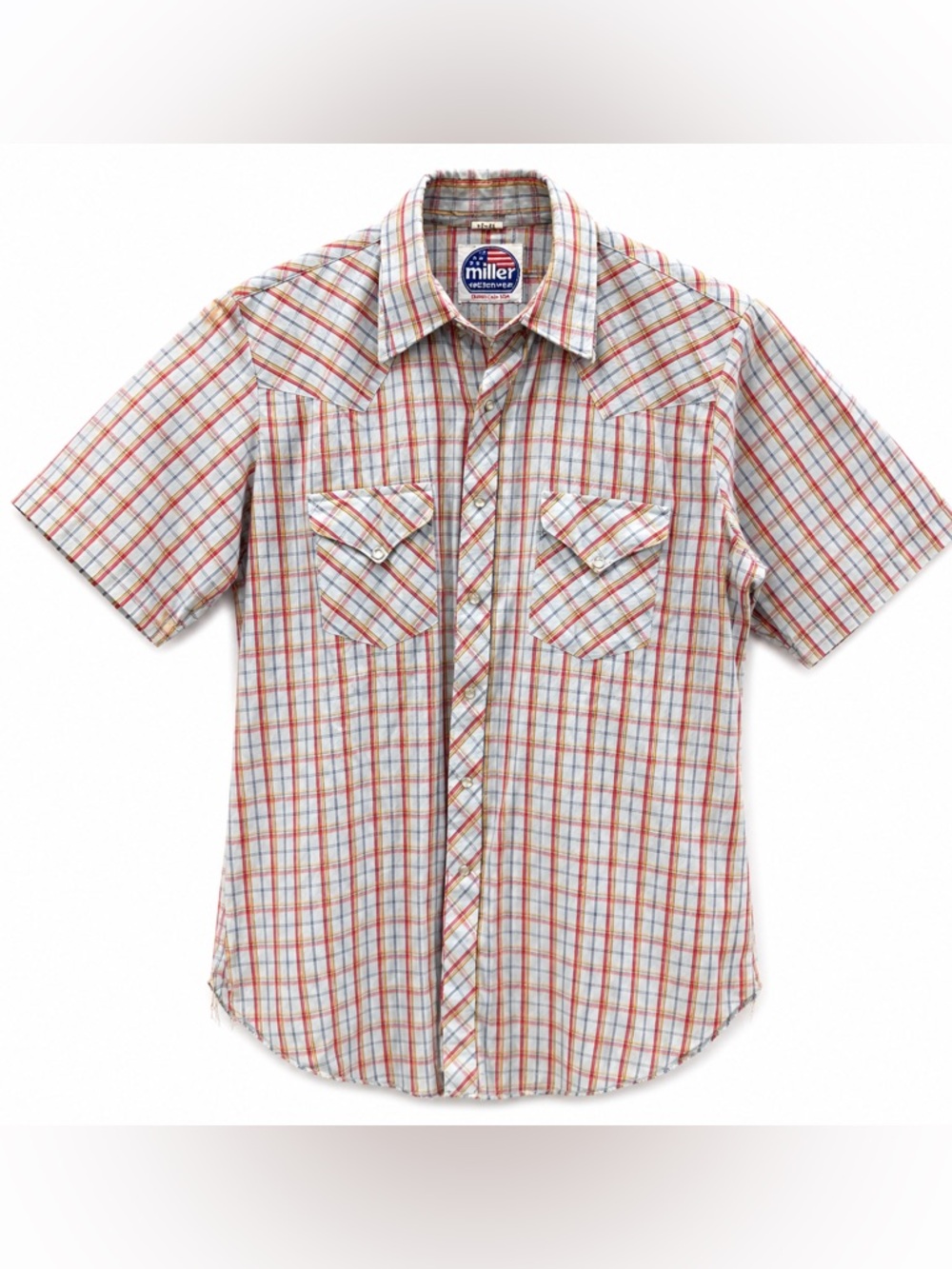 Vintage Miller Western Pearl Snap Shirt Plaid Short Sleeve Cowboy USA Mens M